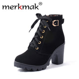 Promotion Fashion Women Platform Heels Thick Heels Shoes Lady Pumps PU Leather Boots Women High Heel Ankle Boots Shoes for Women