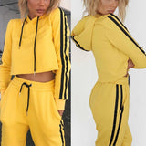 Two Piece Set Autumn Women Clothes Fitness Crop Top Hat Patchwork Hoodie&Pants Casual Hooded Long Sleeve Belt Women Suits