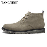 Tangnest NEW Autumn Suede Leather Men Boots Retro Genuine Leather Western Boots Man Rubber Shoes  Winter Lace Up Ankle Boot