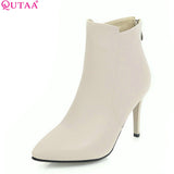 QUTAA 2018 Women Ankle Boots Fashion Zipper Womne Shoes All Match Pu Leather Thin High Heel Pointed Toe Women Boots Size  34-43