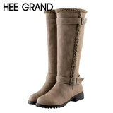 HEE GRAND Metal Decoration High Fashion Boots Lambswool Women Winter Knee-High Boots Keeping Warm Shoes Big Size 34-43 XWX6369