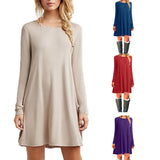Vintage Autumn Dress Women Sexy Thin Casual O-Neck Clothing Solid Simple Long Sleeves  A-line Dress Vestidos Loose