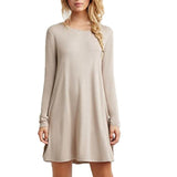 Vintage Autumn Dress Women Sexy Thin Casual O-Neck Clothing Solid Simple Long Sleeves  A-line Dress Vestidos Loose