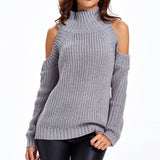 New Arrival Sexy tricot cut sleeve sweater women Winter casual oversized jumper Turtleneck off shoulder knitted pullovers
