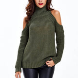 New Arrival Sexy tricot cut sleeve sweater women Winter casual oversized jumper Turtleneck off shoulder knitted pullovers